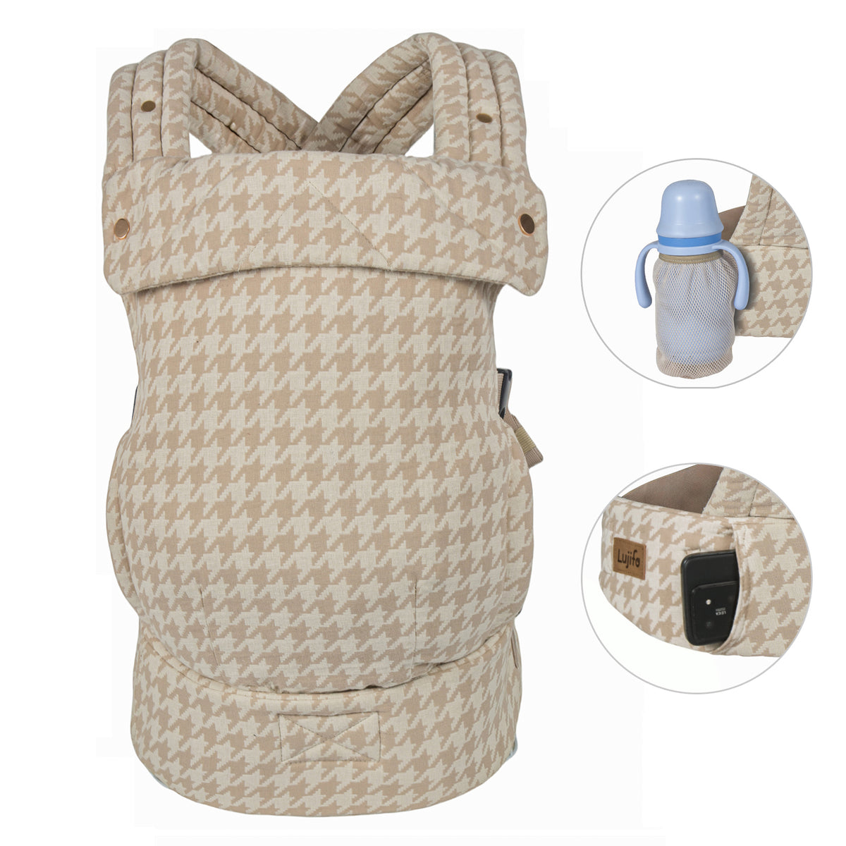 LUJIFO Ergonomic Baby Carrier – Adjustable Soft Cotton Backpack for Newborns & Toddlers, Beige Houndstooth Pattern